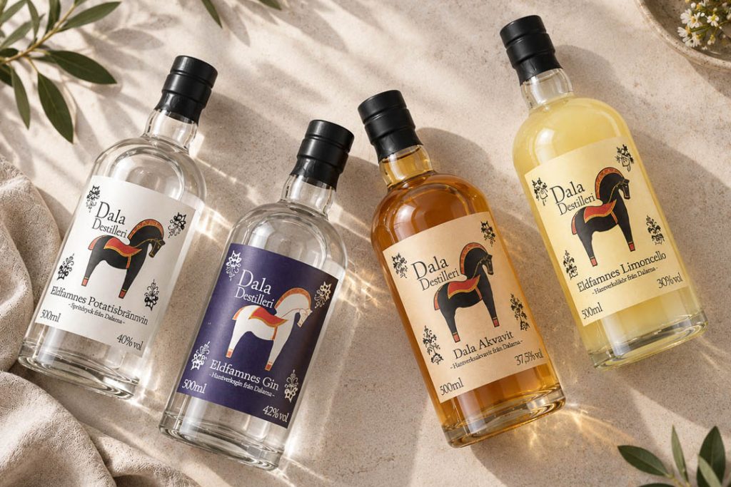 Dala Destilleris sortiment med potatisbrännvin, gin, akvavit och limoncello.