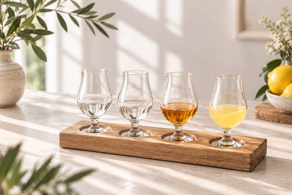 Fyra provsmakningsglas med Dala Destilleris drycker.