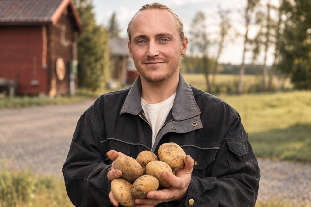 Gustaf framför en gårdsmiljö som håller upp nyskördade potatisar framför sig.
